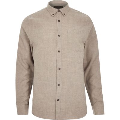 Ecru flannel long sleeve slim shirt